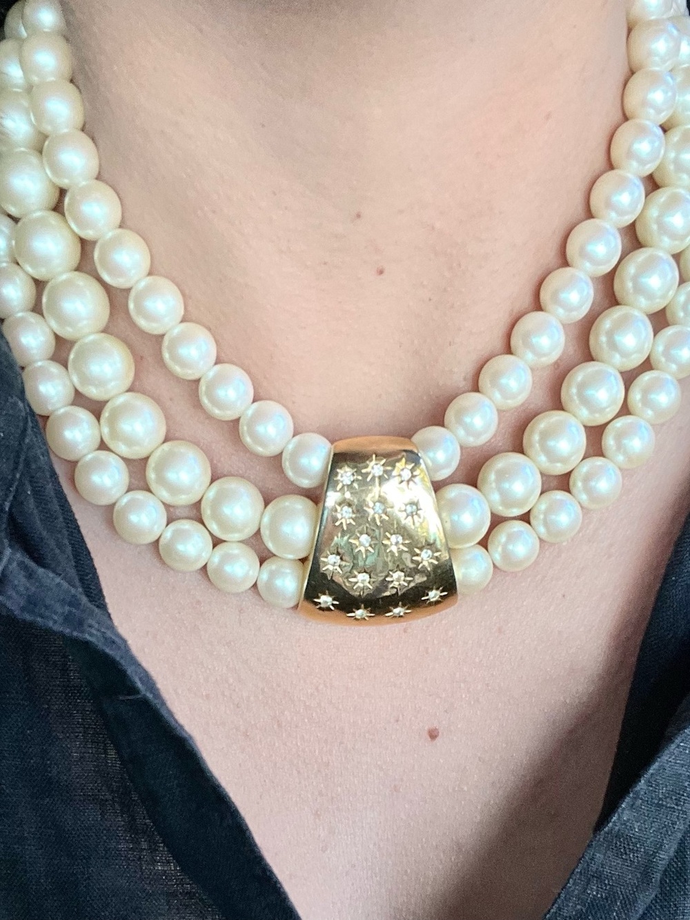 Vintage GivenchyTriple Strand Pearl Necklace with Gold Star-Engraved Clasp